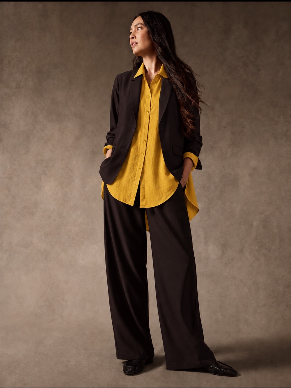 Eileen Fisher Organic Linen Button Front Tunic Shirt Mustard Yellow High Low XL